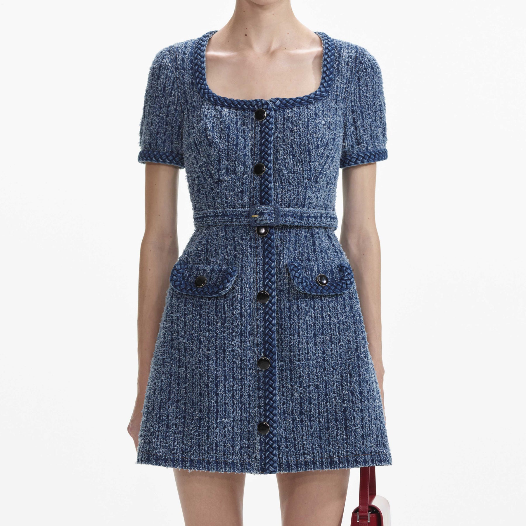 Textured Denim Short Sleeve Mini Dress - Blue