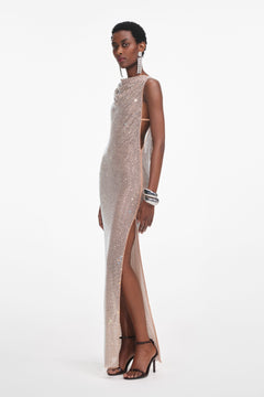 Rhinestone Drape Maxi Dress - Silver