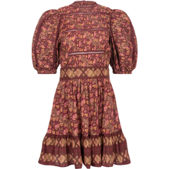 Giulia Print Puff Slv Pintucked Dress - Maroon