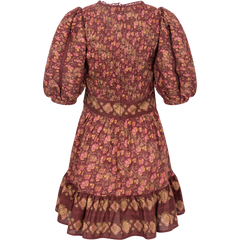 Giulia Print Puff Slv Pintucked Dress - Maroon