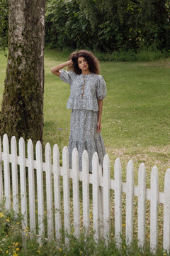 Printed Cotton Maxi Flounce Skirt - Glacier Blue