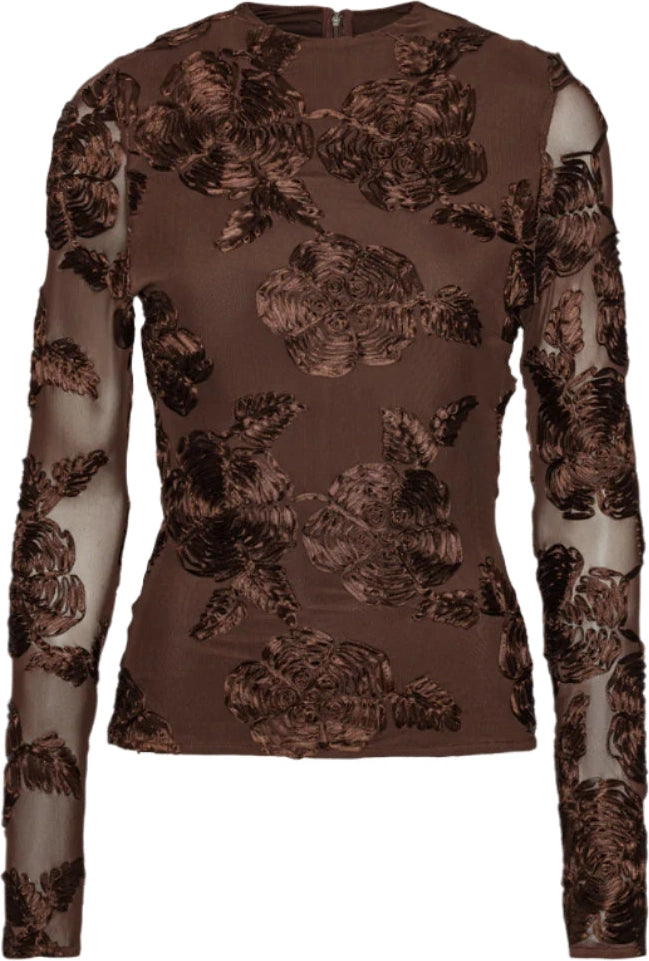 Flower Mesh Ls Top - Chicory Coffee