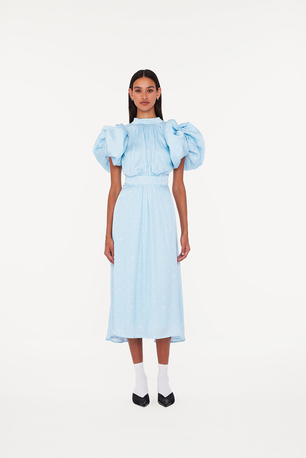 Textured Midi Puffy Dress - Oval Polka Dot / Cool Blue Comb