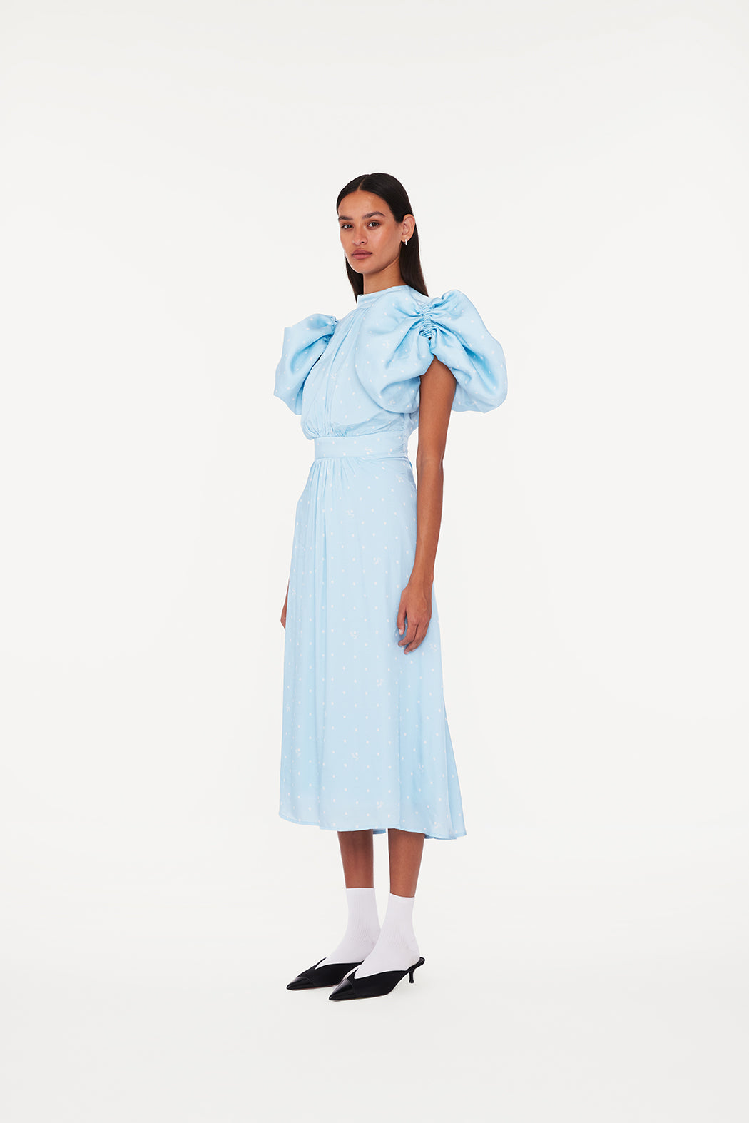 Textured Midi Puffy Dress - Oval Polka Dot / Cool Blue Comb