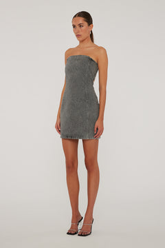 Rhinestone Denim Dress - Grey Denim