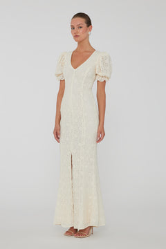 Lace Puffy Maxi Dress - Egret