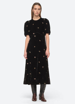 Rubina Embroidery Puff Slv Midi Dress - Black