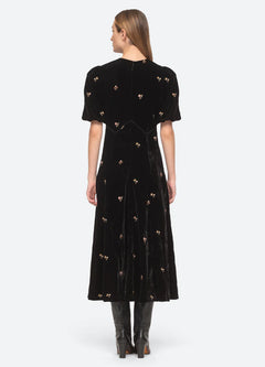 Rubina Embroidery Puff Slv Midi Dress - Black