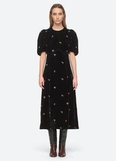 Rubina Embroidery Puff Slv Midi Dress - Black