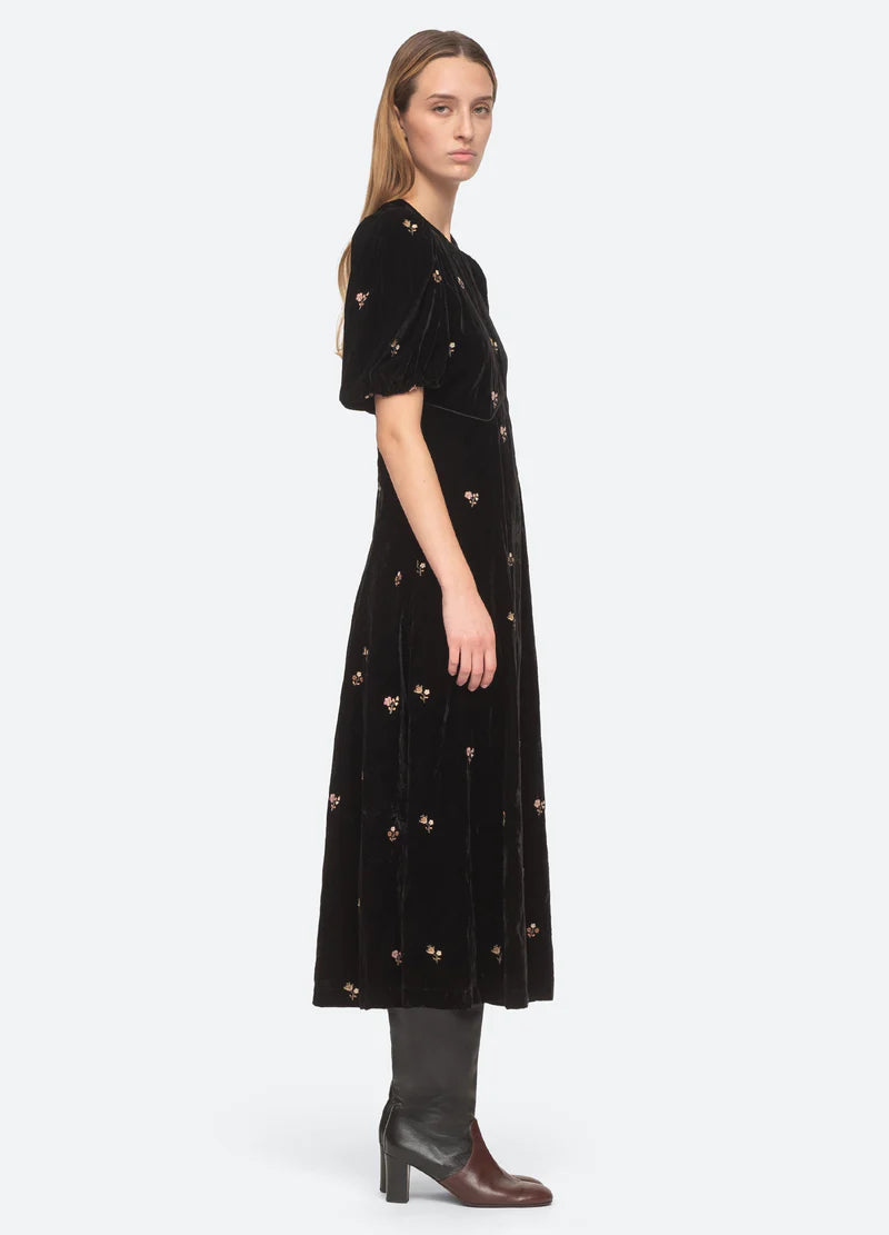 Rubina Embroidery Puff Slv Midi Dress - Black