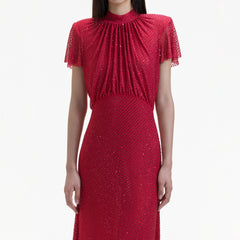 Rhinestone Mesh Midi Dress - Red