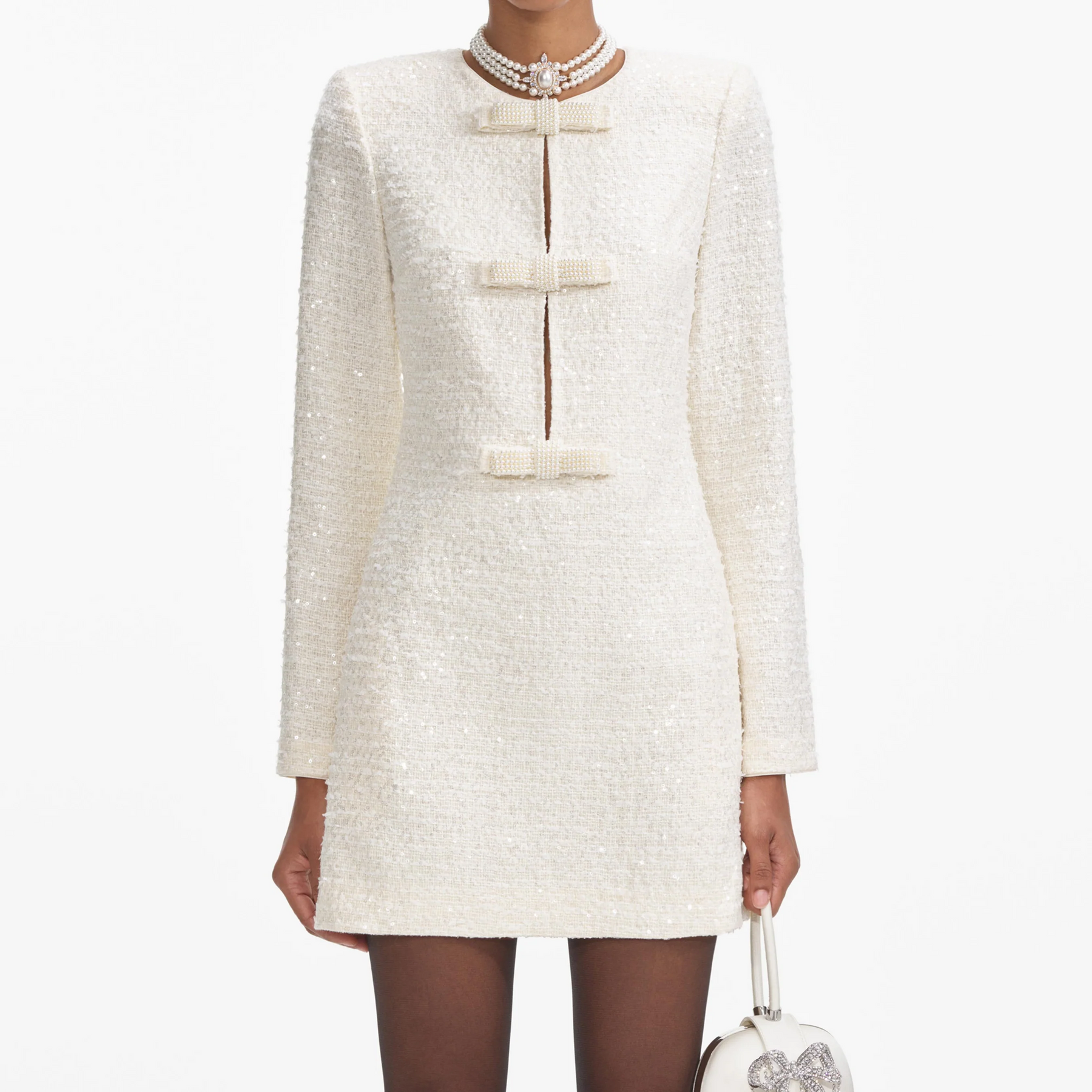 Self-Portrait - Kjoler - Boucle Diamante Bow Mini Dress - Cream