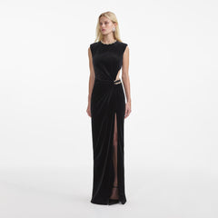 Velvet Embellished Maxi Dress - Black