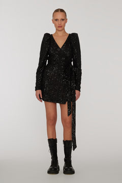 Sequins Mini Wrap Dress - Black