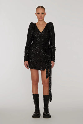 Sequins Mini Wrap Dress - Black