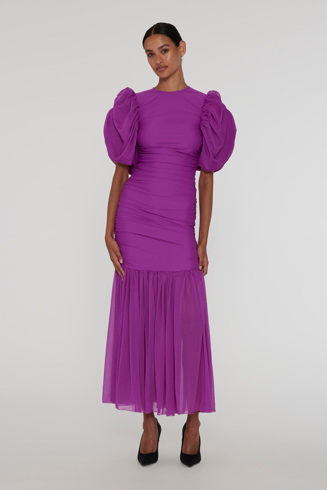 Chiffon Puff Sleeve Dress - Purple Cactus Flower