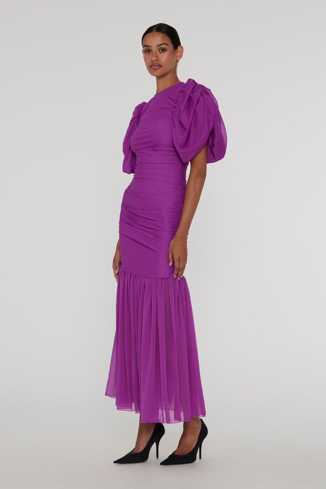 Chiffon Puff Sleeve Dress - Purple Cactus Flower