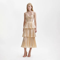 Metallic Tiered Midi Dress - Gold