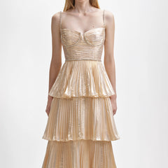 Metallic Tiered Midi Dress - Gold