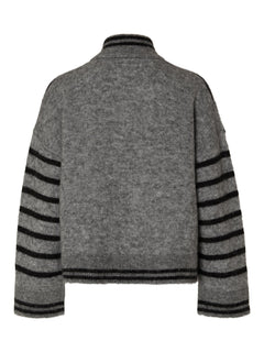 Sia Ras Stripe LS Knit Cardigan EX - Medium Grey Melange/Black