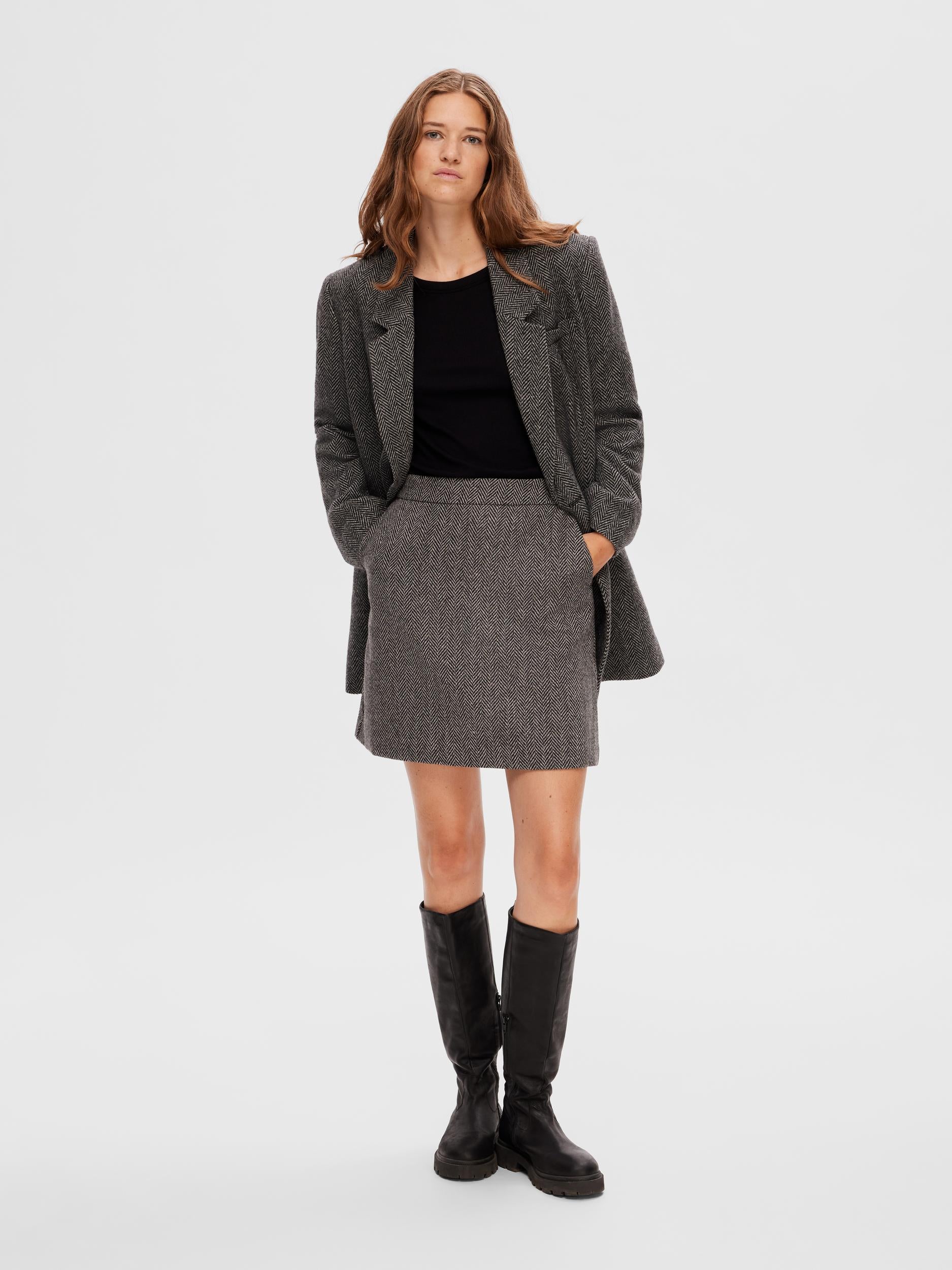 Hera-Ula HW Mini Wool Skirt - Dark Grey Melange W/Herringbone