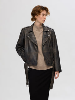 Nana Biker Leather Jacket - Black Rub Off Look
