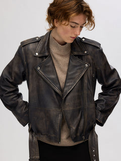 Nana Biker Leather Jacket - Black Rub Off Look