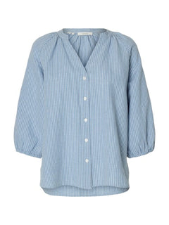 Cleo-Alberta Linen Blend Shirt - Dusty Blue Bright White