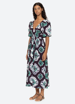 Aveline Tie Dye Print Puff Slv Dress - Teal