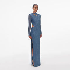 Rhinestone Gathered Maxi Dress - Blue