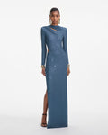 Rhinestone Gathered Maxi Dress - Blue