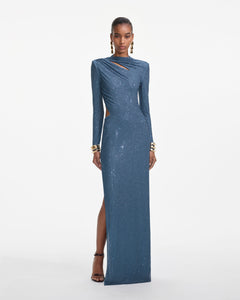 Rhinestone Gathered Maxi Dress - Blue