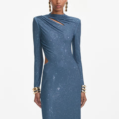 Rhinestone Gathered Maxi Dress - Blue