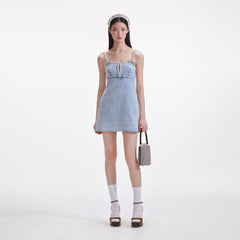 Denim Pearl Mini Dress - Light Blue