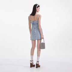 Denim Pearl Mini Dress - Light Blue