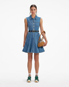 Denim Sleeveless Pearl Mini Dress - Blue