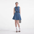 Denim Sleeveless Pearl Mini Dress - Blue
