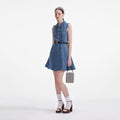 Denim Sleeveless Pearl Mini Dress - Blue