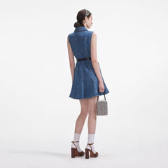 Denim Sleeveless Pearl Mini Dress - Blue