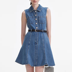 Denim Sleeveless Pearl Mini Dress - Blue
