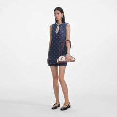 Denim Diamante Bow Mini Dress - Blue