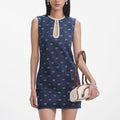 Denim Diamante Bow Mini Dress - Blue