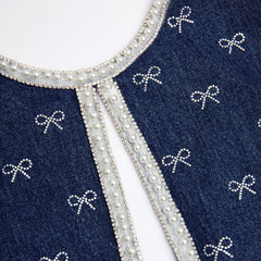 Denim Diamante Bow Mini Dress - Blue