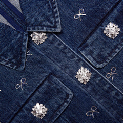 Denim Diamante Bow Collared Mini Dress - Blue