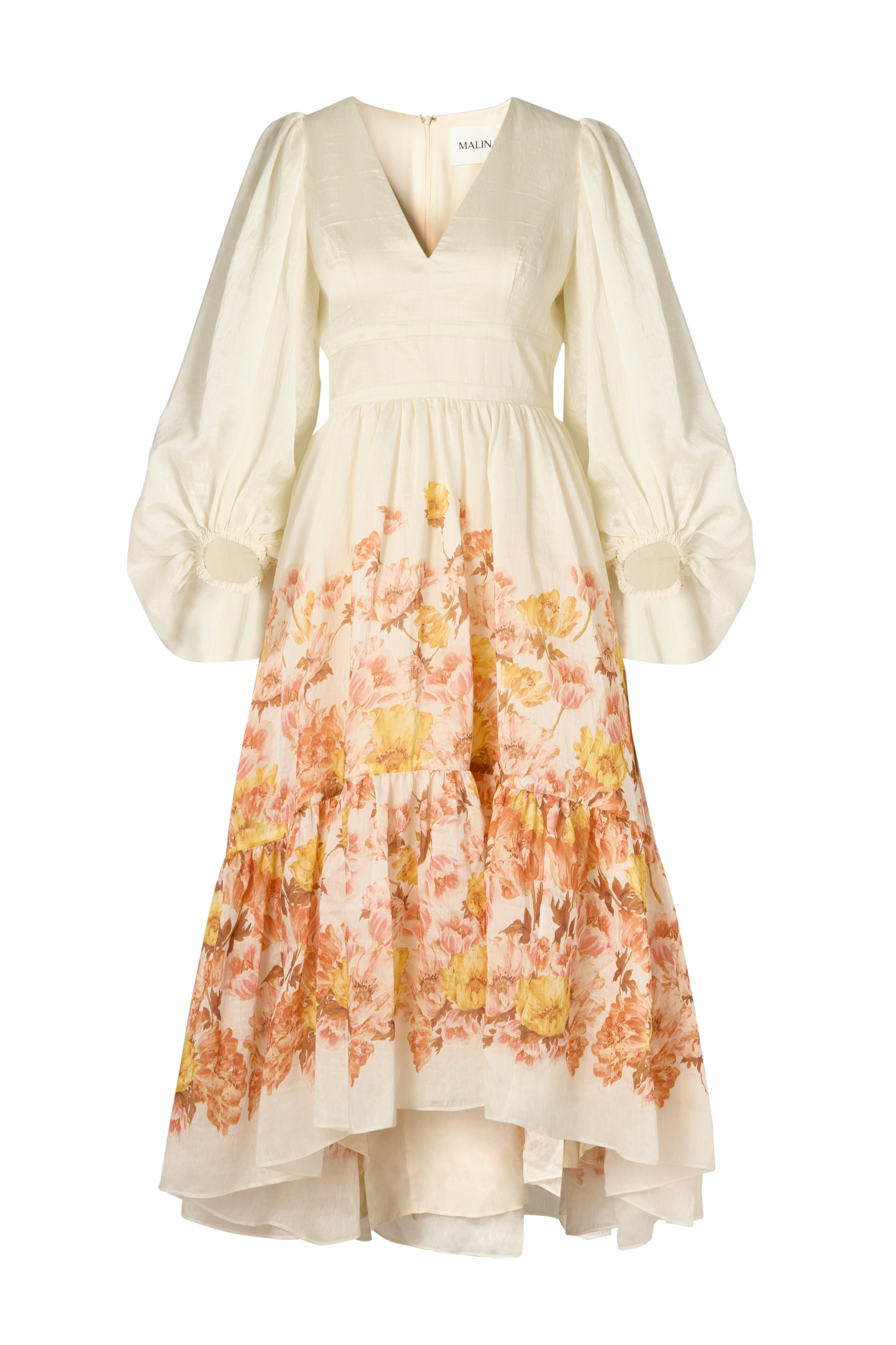 Sasia Deep V Neck Midi Dress - Cream Peony
