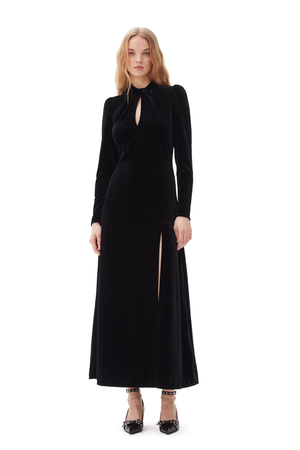 ganni velvet jersey gathered long dress GANNI Velvet Jersey Gathered Long Dress