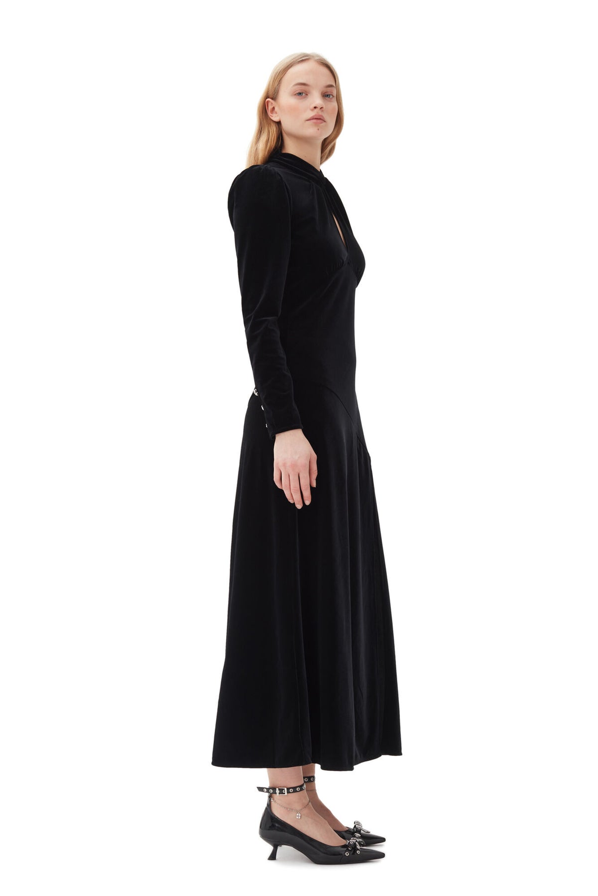 ganni velvet jersey gathered long dress GANNI Velvet Jersey Gathered Long Dress
