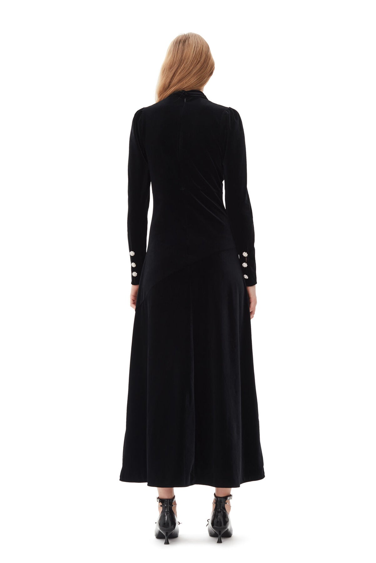 ganni velvet jersey gathered long dress Ganni Green Velvet Jersey Long Dress