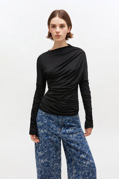 Shiny Jersey Ruched Top - Black