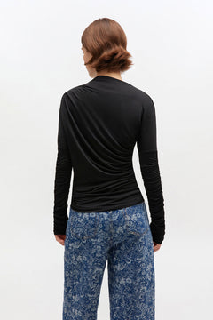 Shiny Jersey Ruched Top - Black